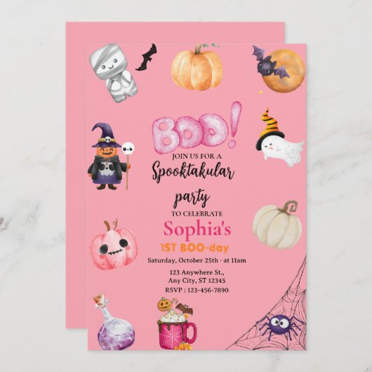 Pink Halloween Spooky 1st Birthday Party Einladung (Vorne/Hinten)