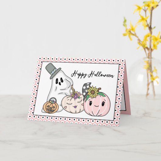Pink Halloween Whimsical Pumpkins und Boo Karte (Gelbe Blume)