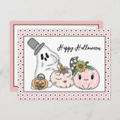 Pink Halloween Whimsical Pumpkins und Boo Postkarte (Vorne/Hinten)