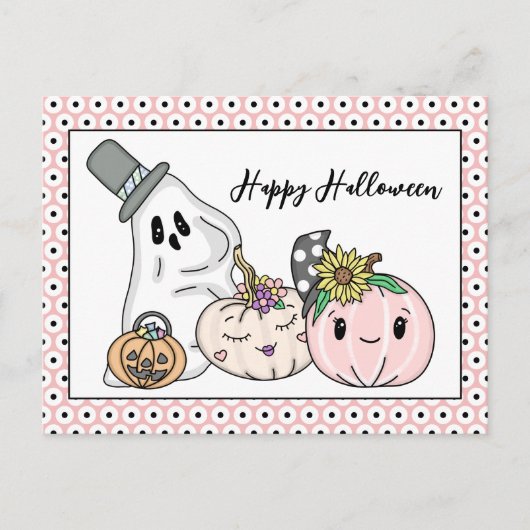 Pink Halloween Whimsical Pumpkins und Boo Postkarte (Vorderseite)