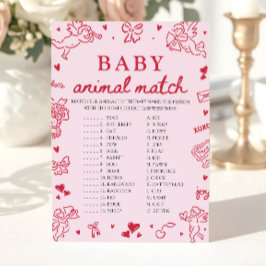 Pink Hand Drawn Baby Animal Match Baby Shower Game Einladung