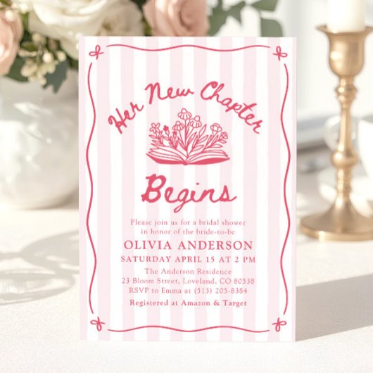 Pink Hand Drawn Book Her New Chapter Bridal Shower Einladung