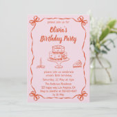 Pink Hand-Drawn Cake & Ribbon Border Birthday Einladung (Stehend Vorderseite)