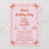 Pink Hand-Drawn Cake & Ribbon Border Birthday Einladung (Vorderseite)