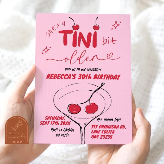 Pink Hand Drawn Cherry Martini Geburtstag Einladung