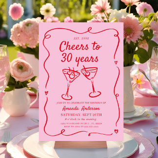 Pink Hand Drawn Cocktail 30. 40. 50. Geburtstag Einladung