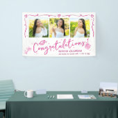 Pink Hand Drawn Doodles Graduation 3 Photo White Banner (Messeveranstaltung)
