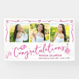 Pink Hand Drawn Doodles Graduation 3 Photo White Banner