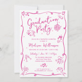 Pink Hand Drawn Doodles Graduation Fun White Party Einladung (Vorderseite)