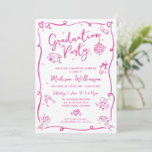 Pink Hand Drawn Doodles Graduation Fun White Party Einladung (Stehend Vorderseite)