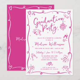 Pink Hand Drawn Doodles Graduation Fun White Party Einladung
