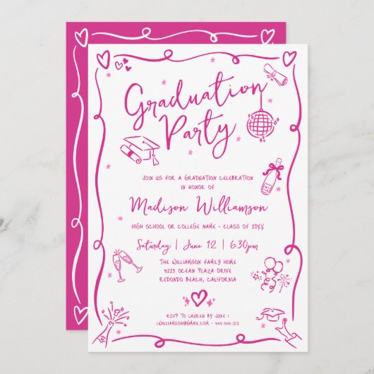 Pink Hand Drawn Doodles Graduation Fun White Party Einladung (Vorne/Hinten)