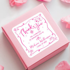 Pink Hand Drawn Doodles Graduation Thank You White Quadratischer Aufkleber