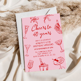 Pink Hand Drawn Funky 40. Geburtstag Party Einladung