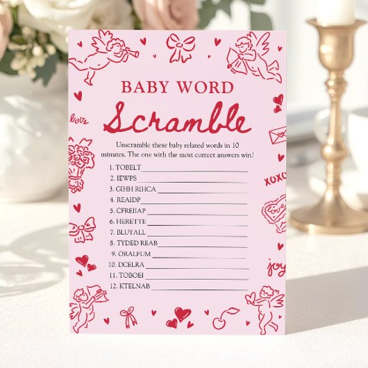 Pink Hand Drawn Valentine Baby Word Scramble Game Einladung