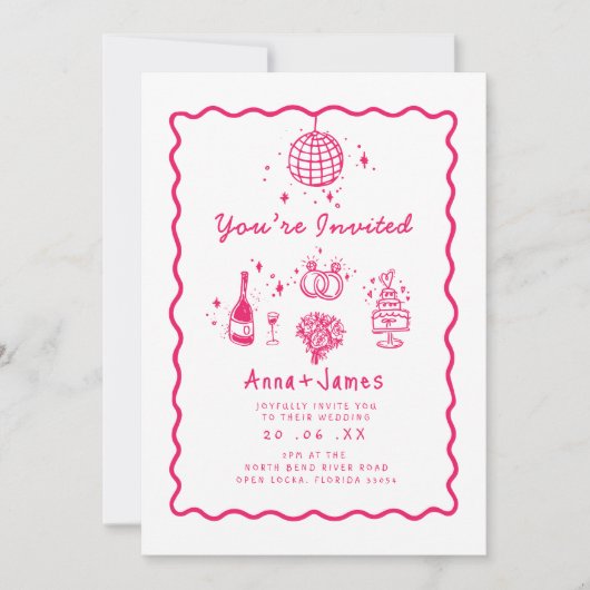 Pink Hand gezeichnet whimsical trendy funky Hochze Einladung (Vorderseite)