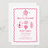 Pink Hand gezeichnet whimsical trendy funky Hochze Einladung (Vorne/Hinten)