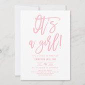 Pink Hand Lettered It's a Girl Baby Shower Einladung (Vorderseite)