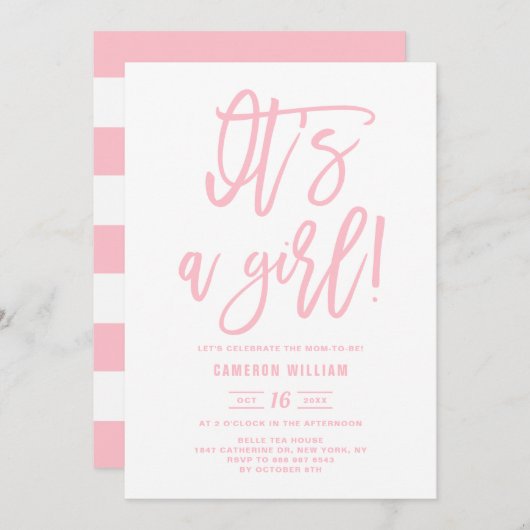 Pink Hand Lettered It's a Girl Baby Shower Einladung (Vorne/Hinten)