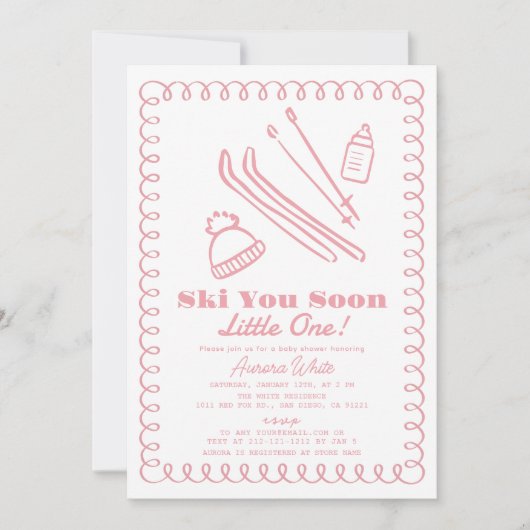Pink handGezeichnet Ski Girl Babydusche Einladung (Vorderseite)