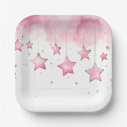 Pink hängende Sterne Papiertasse Pappteller (Vorderseite)