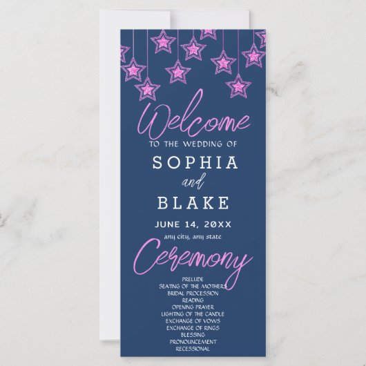 Pink Hanging Stars Dark Blue Wedding Program (Vorderseite)