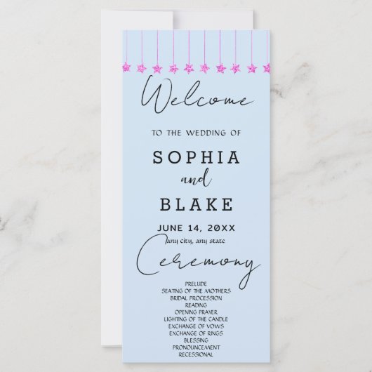 Pink Hanging Stars Light Blue Wedding Program (Vorderseite)