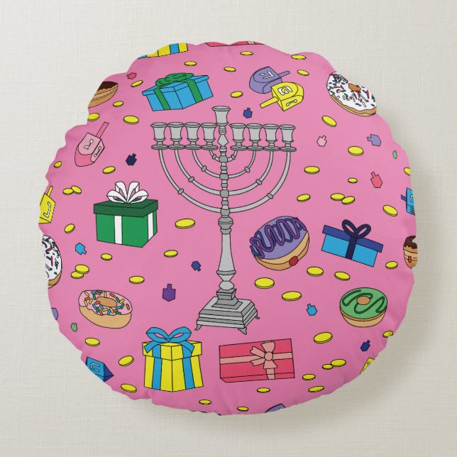Pink Hanukkah Pattern Rundes Kissen (Vorderseite)