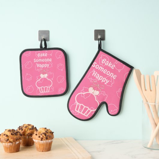 Pink Happy Baking Oven Mitt und Pot Holder Ofenhandschuh & Topflappen-Set (Insitu (Hängend))