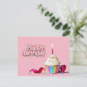 Pink Happy Birthday Cupcake Postcard Postkarte (Stehend Vorderseite)