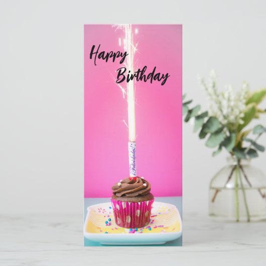Pink Happy Birthday Flat Card – Cake&Candle Theme (Stehend Vorderseite)