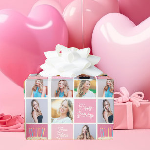 Pink Happy Birthday Girl Foto Collage Niedlich Tee Geschenkpapier
