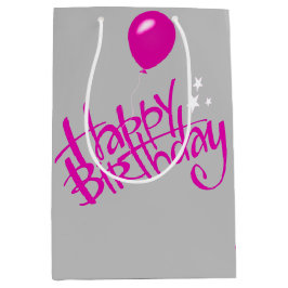 Pink Happy Birthday on Gray Mittlere Geschenktüte