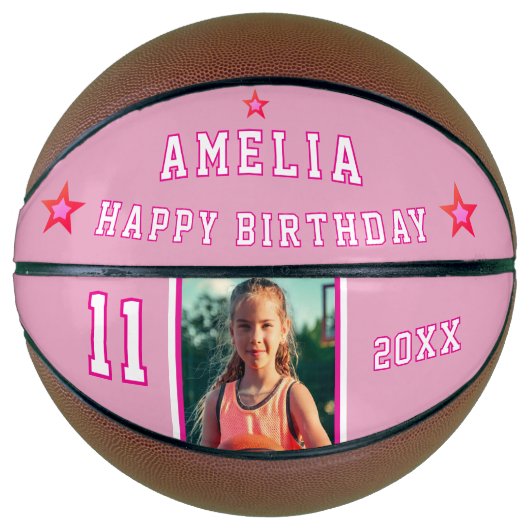 Pink Happy Birthday Stars Player Foto Basketball (Vorderseite)