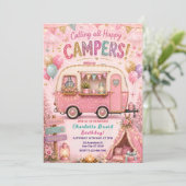 Pink Happy Camper Geburtstag Einladung (Stehend Vorderseite)