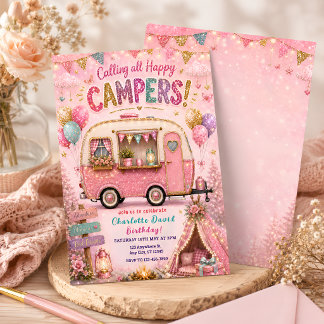 Pink Happy Camper Geburtstag Einladung