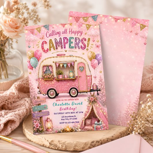 Pink Happy Camper Geburtstag Einladung