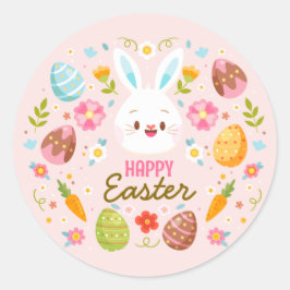 Pink Happy Easter BunnySpring  Floral  Runder Aufkleber