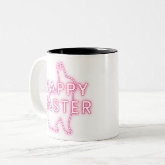 Pink happy Easter sign with bunny neon light trans Zweifarbige Tasse (Vorderseite Links)