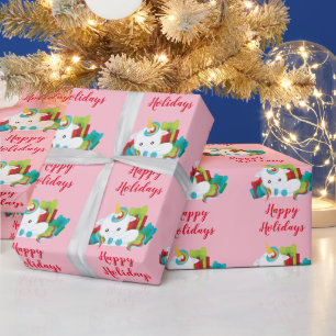 Pink Happy Holidays Unicorn Geschenkpapier