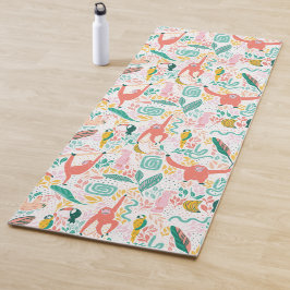 Pink Happy Jungle Animal Pattern & Tropical Blätte Yogamatte