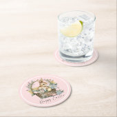 Pink Happy Oaster Bunny Runder Pappuntersetzer (Vor Ort)