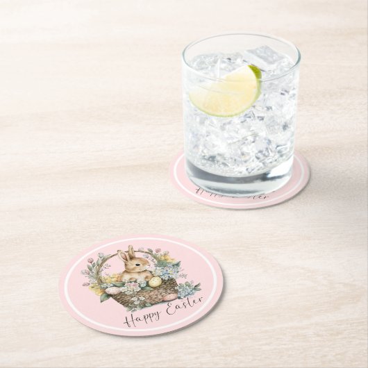 Pink Happy Oaster Bunny Runder Pappuntersetzer (Vor Ort)