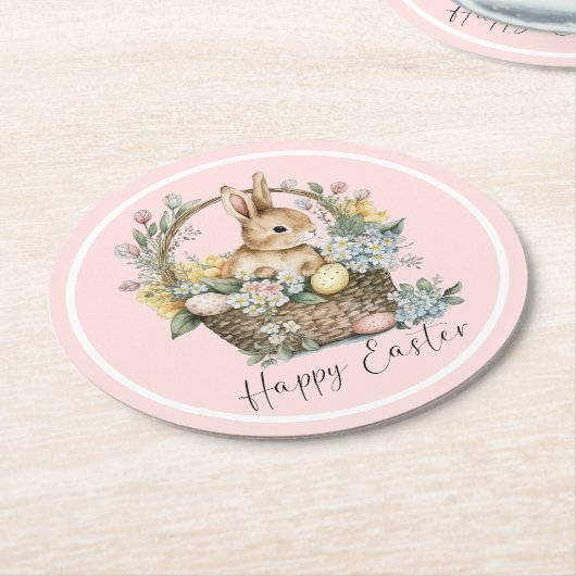 Pink Happy Oaster Bunny Runder Pappuntersetzer (Angewinkelt)