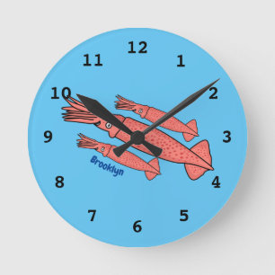 Pink happy squid cartoon illustration runde wanduhr