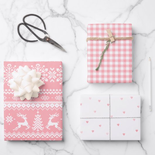 Pink hässlich Weihnachtspulli Büffel karierte Herz Geschenkpapier Set (Vorderseite)