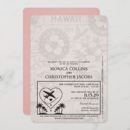Pink Hawaii Pass Einladung zur Hochzeit (Vorne/Hinten)