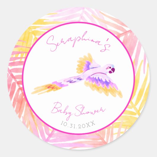 Pink Hawaiian Tropical Parrot Baby Dusche Runder Aufkleber (Vorderseite)