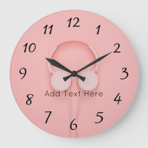 Pink Headphones with Wires Große Wanduhr