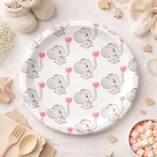 Pink Heart Baby Elephant Paper Plate Pappteller